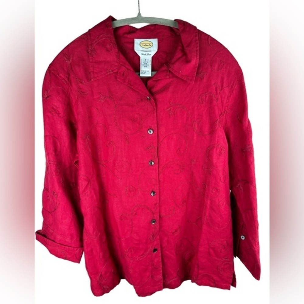 Talbots Woman red embroidery Irish Linen button down Blouse Long Sleeve Small